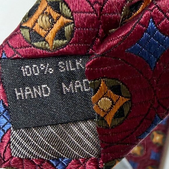 Vtg Beau Brummel SOHO Men’s Neck Tie 3 ½” Maroon Blue Gold Geometric 100% Silk - Picture 10 of 11